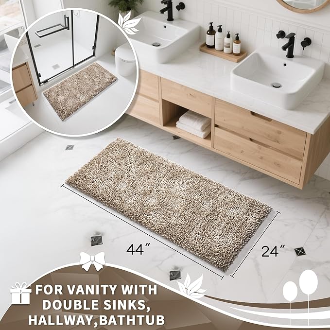 Yimobra Long Bathroom Rug Non Slip 44x24 Inch, Extra Thick Soft Absorbent Chenille Bath Mat, Machine Washable Quick Dry Bath Rugs for Bathroom Floor, Tub and Shower, Home Decor Accessories, Camel