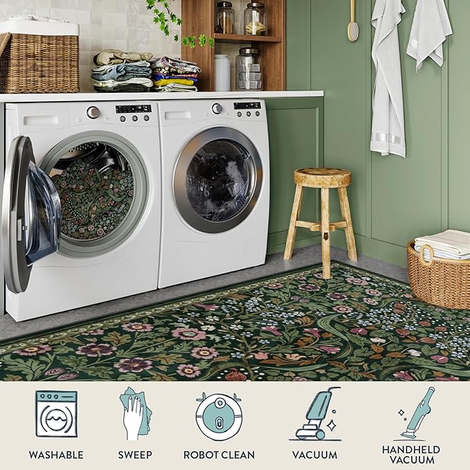 Lahome Floral 3x5 Rugs for Entryway, Botanical Green Machine Washable Boho Throw Rugs for Entrance, Non-Slip Maximalism Stain-Resistant Soft Carpet for Bedroom, Kids Room, Dorm