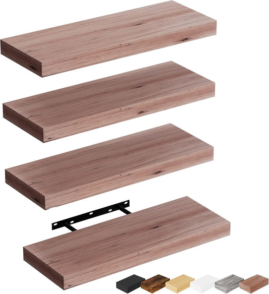 Bellsal Floating Shelves for Wall, Mahogany Wood Wall Shelf Set of 4, 16" Mounted Floating Shelf for Kitchen, Living Room, Bedroom, Bathroom Storage, Book Shelf for Home Decor, Frame Display
