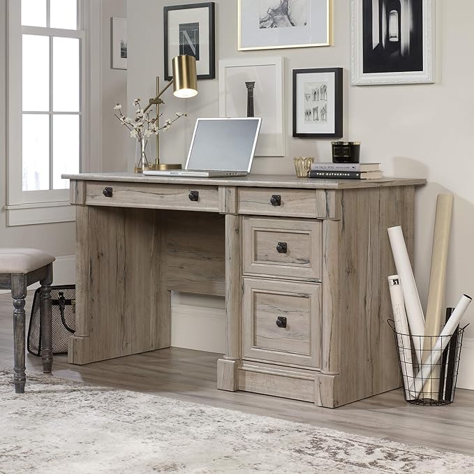 Sauder Palladia Computer Desk with Drawers, Home Office Desk with File Cabinet Storage Drawer, Cable Management, Keyboard Tray, in Split Oak Finish