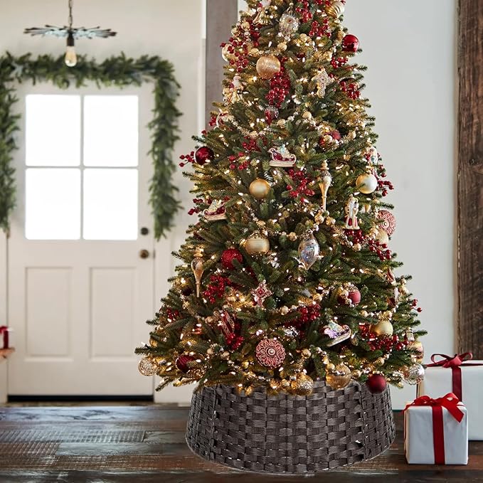 SUNNYPARK Christmas Tree Collar, 23'' D Handmade Artificial Rattan Wicker Christmas Stand Tree Collar Basket Base Cover for Holiday Decoration-Round Dark Brown