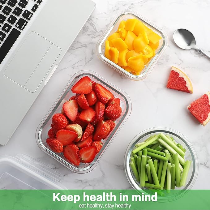 HOMBERKING 24pc Glass Food Storage Containers with Lids, Glass Meal Prep Containers, Airtight Bento Boxes, BPA Free & Leak Proof, Pantry Kitchen Storage(12 lids & 12 Containers) - Gray