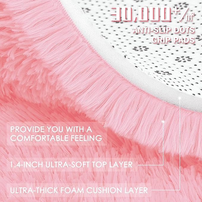 OLANLY Pink Round Rugs for Bedroom - Machine Washable, 5 ft Circle Area Rugs for Living Room, Soft and Fluffy Shaggy Carpet for Teen Girls and Boys, Nursery Rooms, Dorms, Home Decor Aesthetic