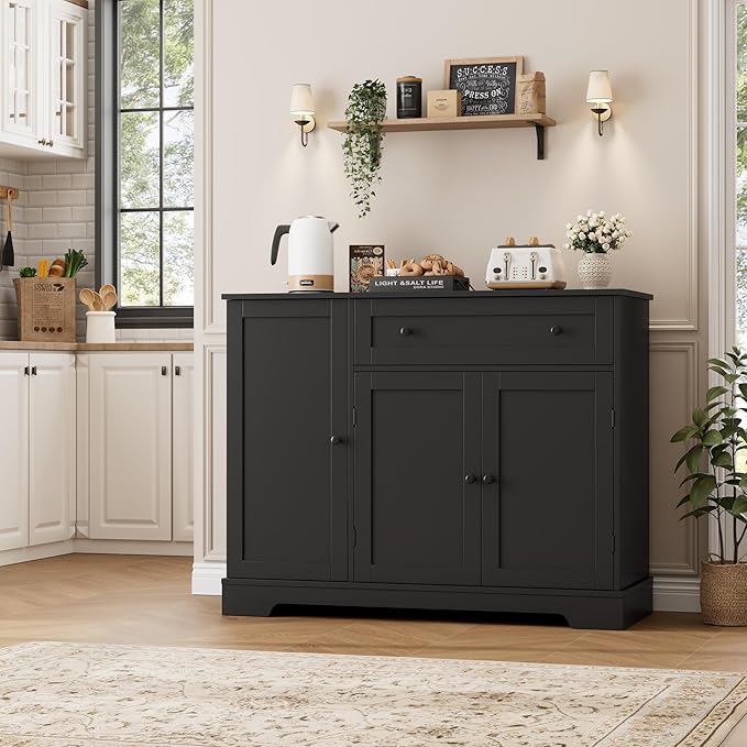 HOSTACK Buffet Cabinet with Storage, Modern Sideboard Buffet with Doors, Wood Coffee Bar Kitchen Storage Cabinet with Drawer and Adjustable Shelf for Kitchen, Dining Room, Living Room, Black