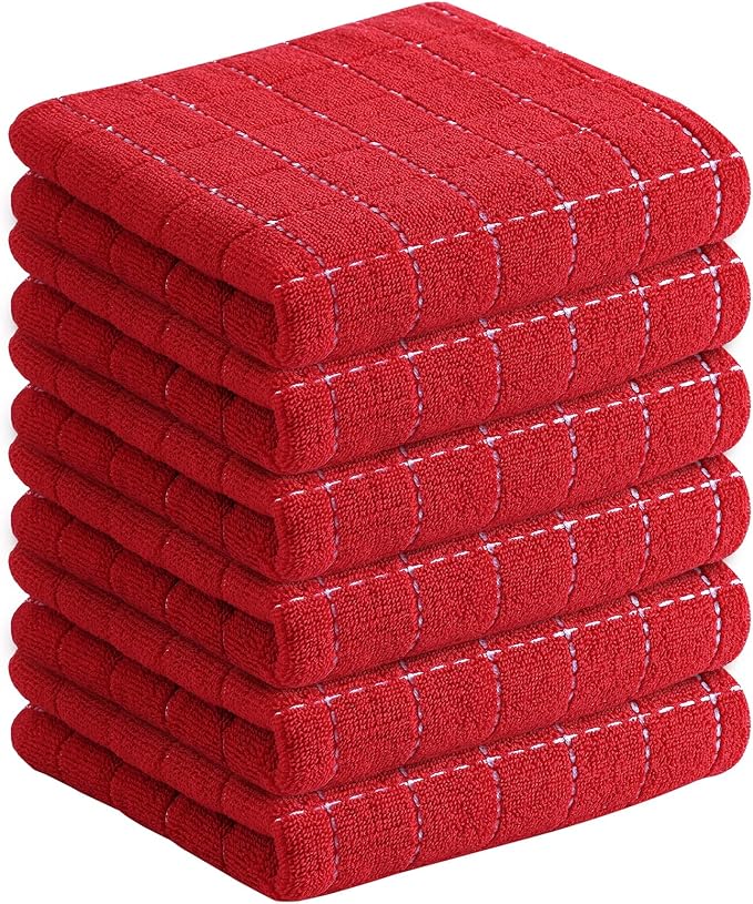 Homaxy 100% Cotton Terry Kitchen Towels(Red, 13 x 28 inches), Checkered Designed, Soft and Super Absorbent Dish Towels, 6 Pack