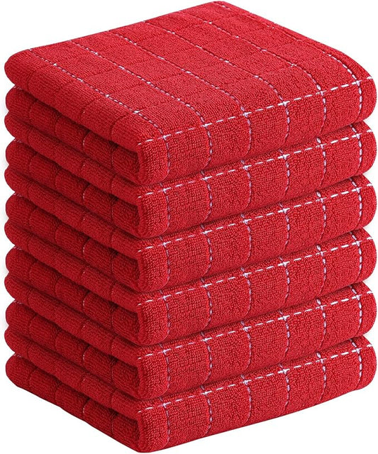 Homaxy 100% Cotton Terry Kitchen Towels(Red, 13 x 28 inches), Checkered Designed, Soft and Super Absorbent Dish Towels, 6 Pack