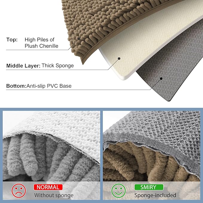 Smiry Luxury Chenille Bathroom Rugs 36x24, Extra Soft and Absorbent Shaggy Bath Mat, Machine Washable, Non-Slip Plush Carpet Runner for Tub, Shower, and Floor, Home Decor Accessories, Camel