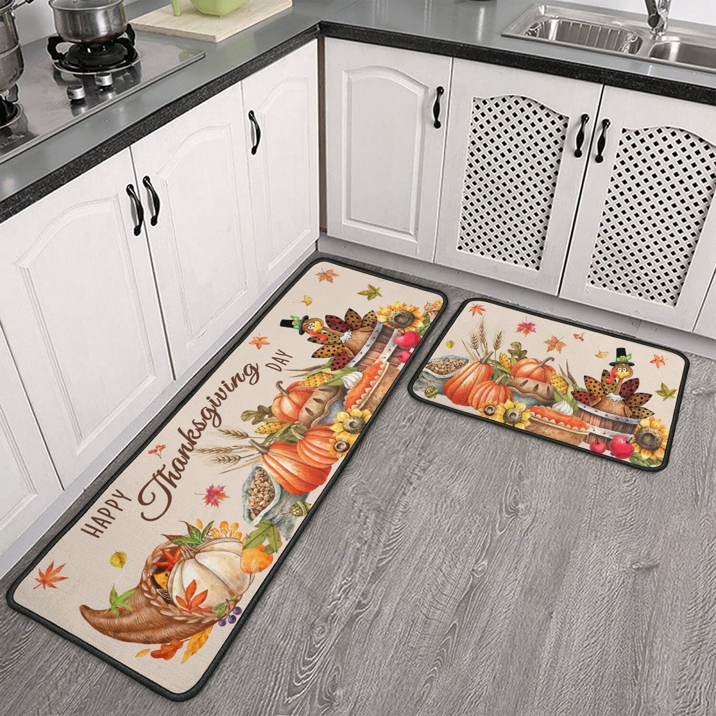 2 Piece Thanksgiving Kitchen Decor Rugs Set,Fall Kitchen Rugs and Mats Non Skid Washable Absorbent Kitchen Accessories Decoration Floor Mats 17"x47"+17"x30"