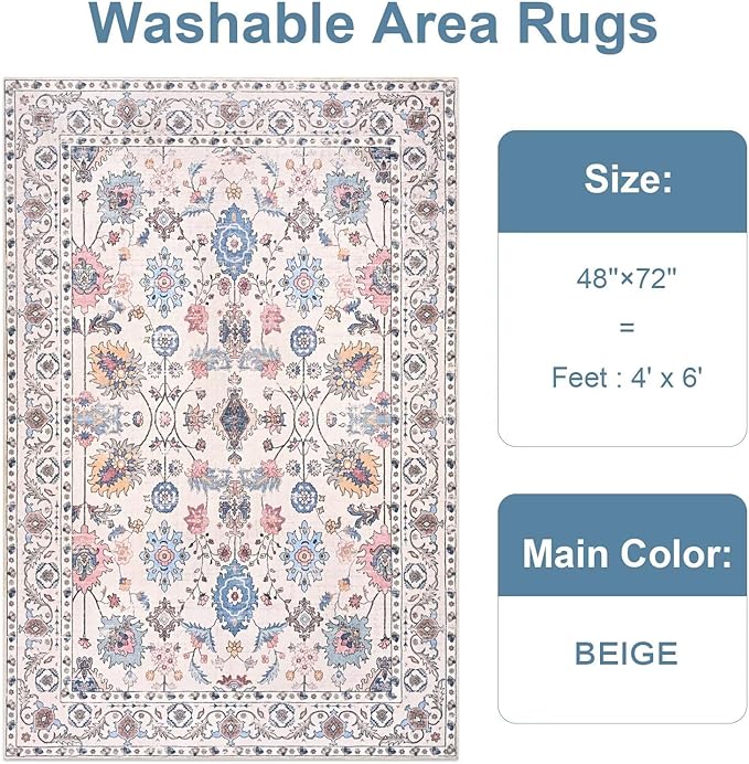 Vasofe 4x6 Rug for Bedroom, Washable Living Room Rugs for Dining Room, Cream Indoor Floor Mat, Vintage Floral Mats for Home Decor, Farmhouse, Laundry Room, Non Slip Low Pile Soft Modern Carpet