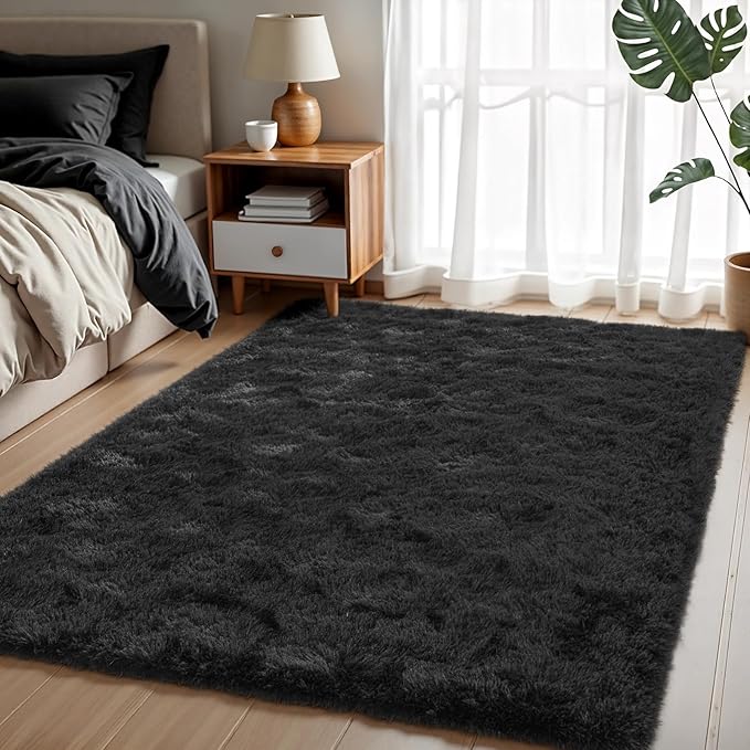 5x7 Black Fluffy Area Rugs for Bedroom, Soft Indoor Plush Rug for Living Room, Large Furry Fuzzy Shag Floor Carpet for Kids Nursery Boys Room Dorm Classroom Home Office Decor Mat