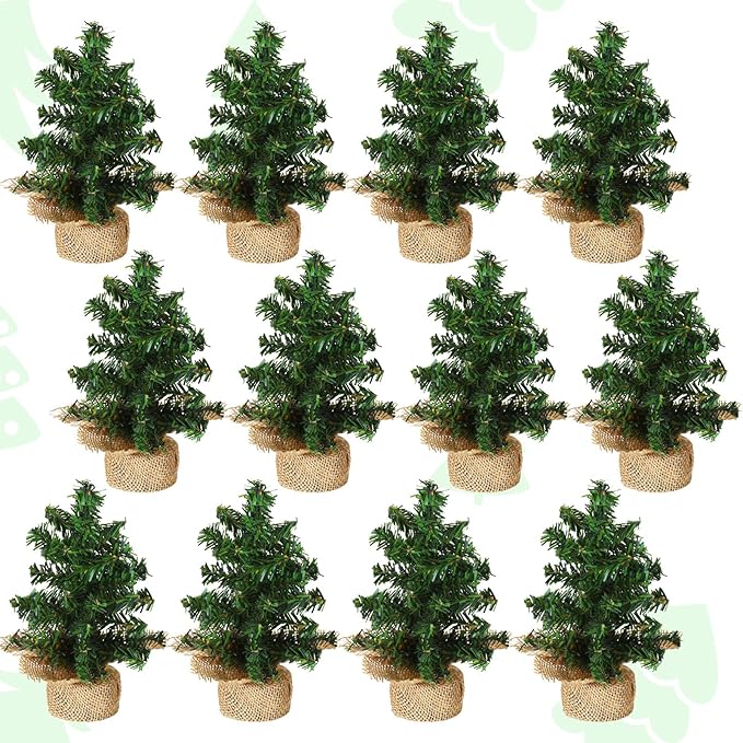 Yinder Tabletop 12 Pcs Mini Christmas Tree 7.87 Inch Artificial Mini Xmas Miniature Pine Christmas Tree with Linen Base for Xmas Holiday Decorations Indoor Home Kitchen Dining Table