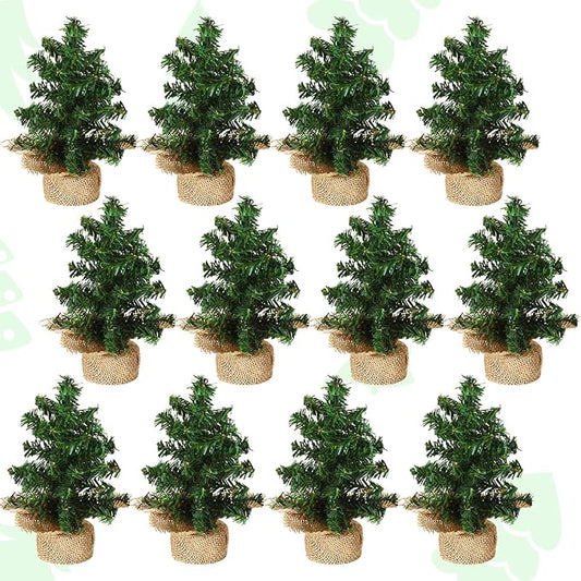 Yinder Tabletop 12 Pcs Mini Christmas Tree 7.87 Inch Artificial Mini Xmas Miniature Pine Christmas Tree with Linen Base for Xmas Holiday Decorations Indoor Home Kitchen Dining Table