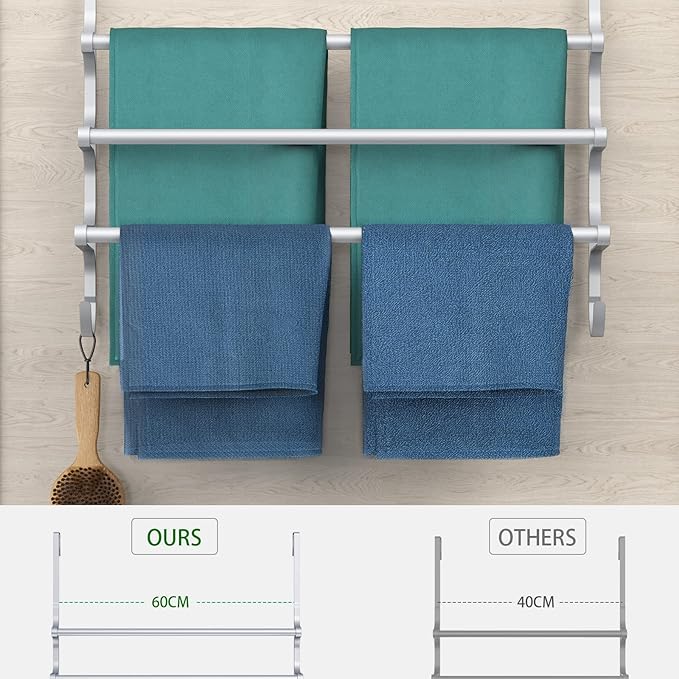 Over The Door Towel Rack, Triple Towel Storage Holder with Hooks, 24.02 Inches Towel Bar Hanger Towel Racks for Bathroom (Silver)
