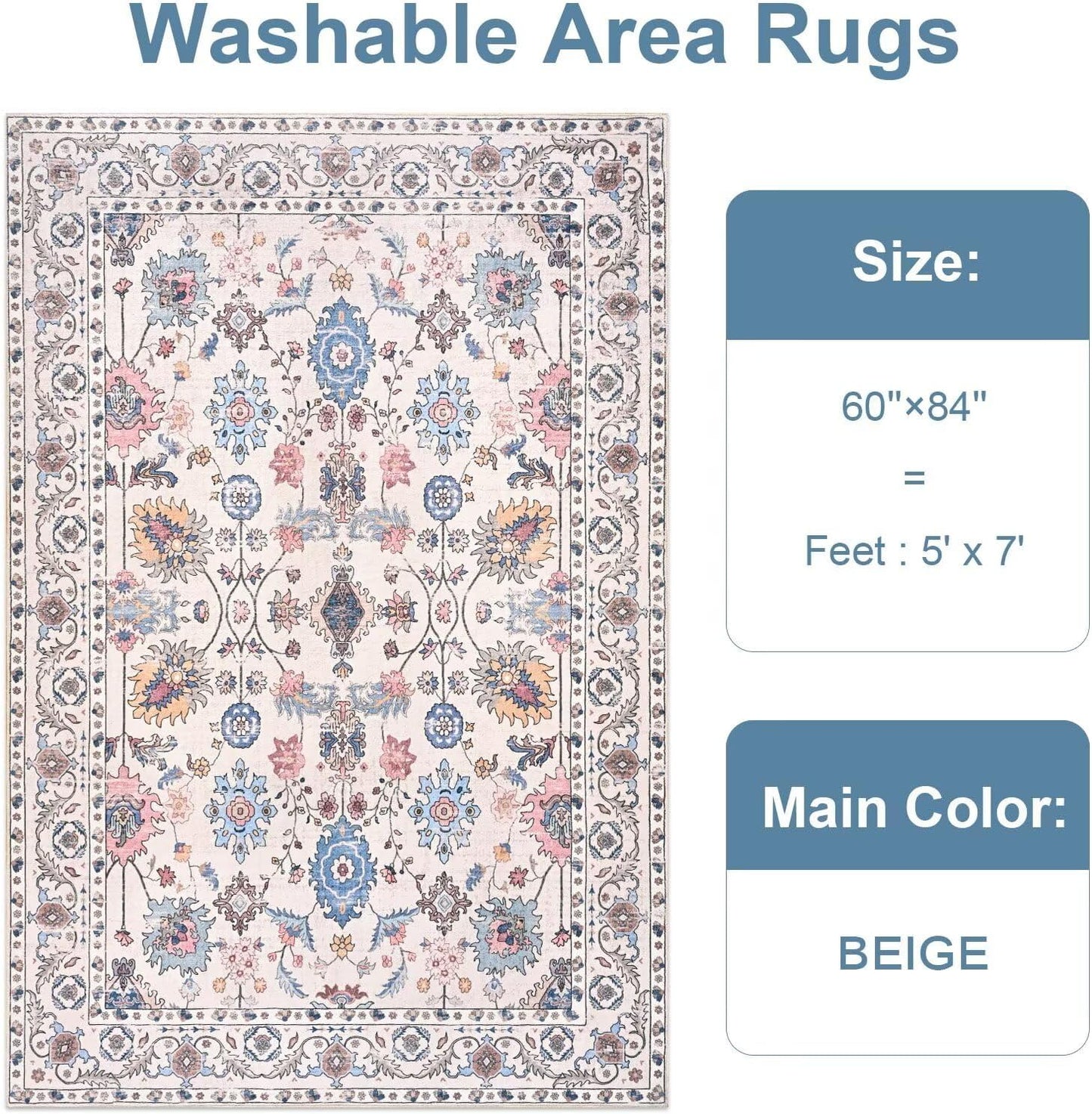 Vasofe 5x7 Rug for Bedroom, Washable Living Room Rugs for Dining Room, Cream Indoor Floor Mat, Vintage Floral Mats for Home Decor, Farmhouse, Laundry Room, Non Slip Low Pile Soft Modern Carpet