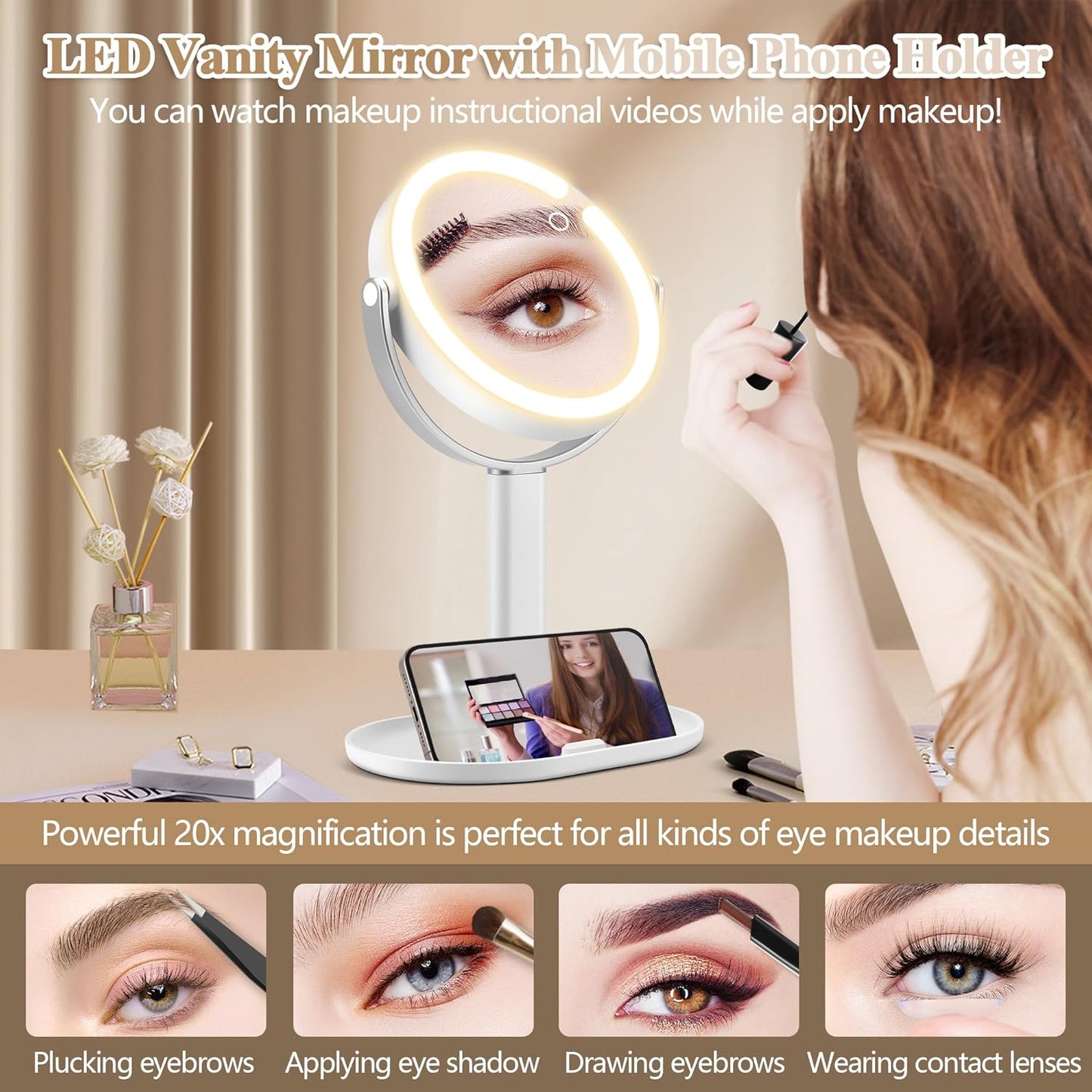 Makeup Mirror with Lights, Double Sided 1x/20x Magnifying Mirror with Light, Rechargeable 3 Color Lights Adjustable Brightness, 360° Rotation Detachable Comes with Tweezer(Silver)