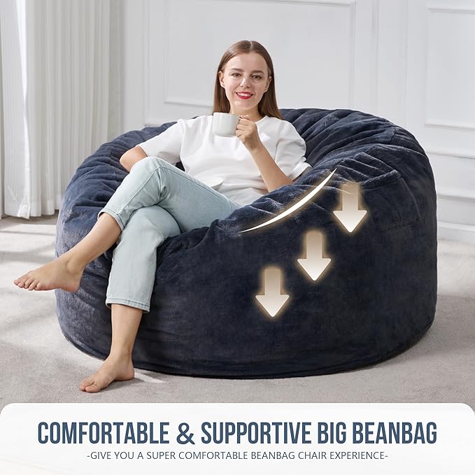 Hobestluk 4ft Bean Bag Chairs for Adults Large Beanbag Chair with Plush Faux Fur Cover Big Bean Bag Chair for Living Room Bedroom Dorm Office - Dark Grey (44” x 44” x 24”)