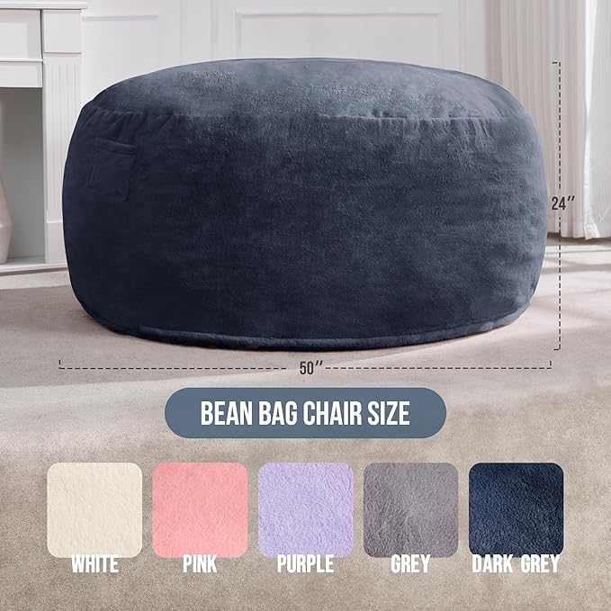 Hobestluk 5ft Bean Bag Chairs for Adults Large Beanbag Chair with Plush Faux Fur Cover Big Bean Bag Chair for Living Room Bedroom Dorm Office - Dark Grey (50” x 50” x 24”)