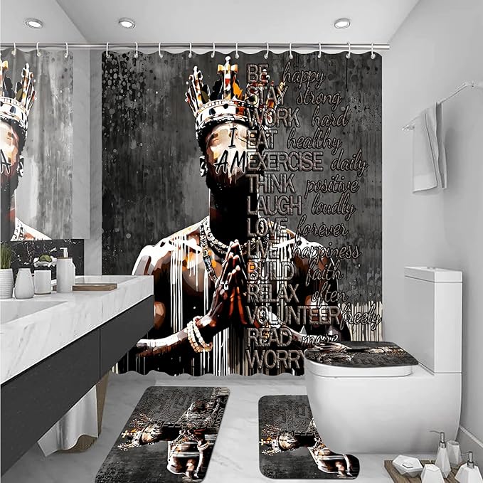 4Pcs Cool Black King Shower Curtain Set with Waterproof Shower Curtain Bath Mat Rug and Toilet Lid Cover, Inspirational Quote African American King Bathroom Decor Set for Man