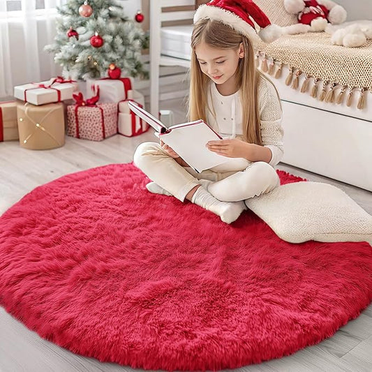 OLANLY Red Round Rugs for Bedroom - Machine Washable, 4 ft Circle Area Rugs for Living Room, Soft and Fluffy Shaggy Carpet for Teen Girls and Boys, Nursery Rooms, Dorms, Home Decor Aesthetic