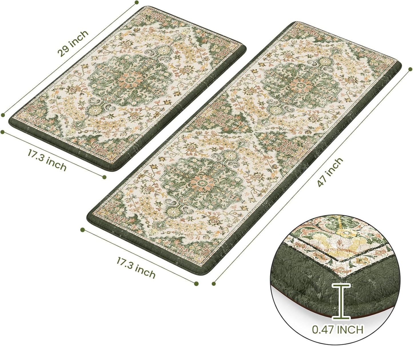 KIMODE Kitchen Mats Cushioned Anti Fatigue, 17"x47"+17"x29" Boho Vintage Kitchen Rugs Sets of 2, Non-Slip Spring Kitchen Mats for Floor, Padded Kitchen Floor Mat for Sink Laundry Desk Green Yellow