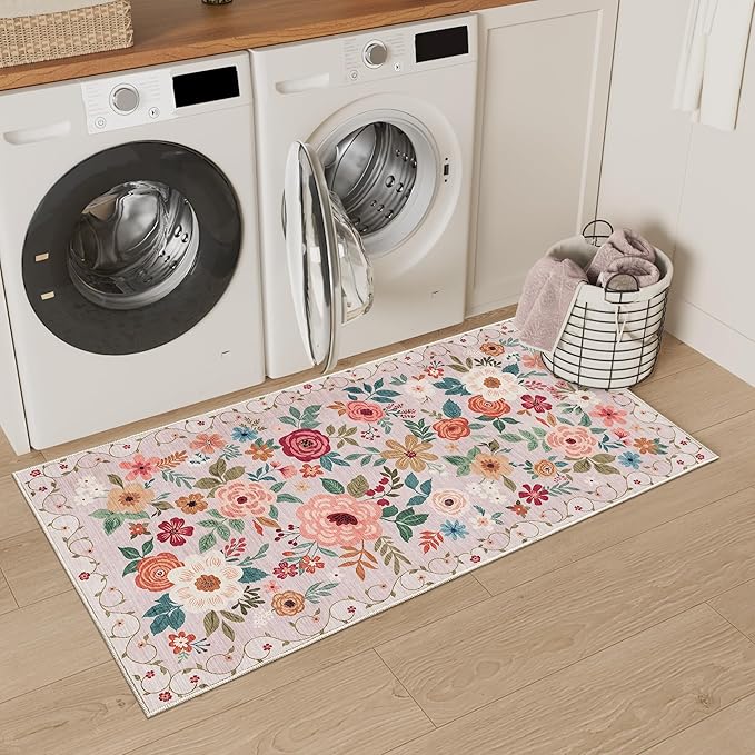 DUKINO 2x4 Rug for Entryway, Washable Kitchen Floral Runner Rug with Non Slip Backing, Low Pile Soft Boho Carpet for Kitchen, Hallway, Entryway, Laundry, Bedroom, Beige