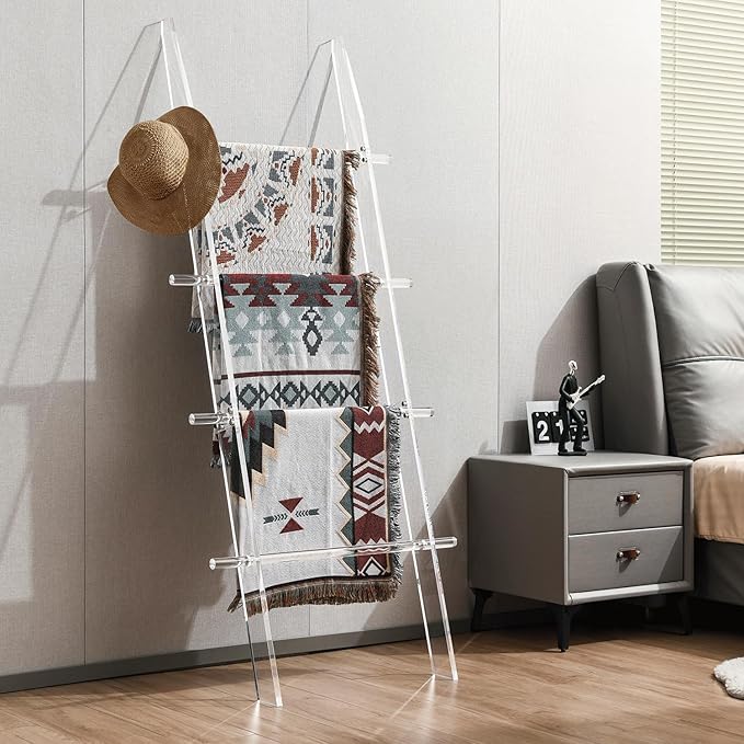 67 in Blanket Ladders, 4 Tier Modern Decor Waterproof Towel Rack for Bathroom, Living Room and Bedroom, Easy Assembly Transparent Blanket Holder, Leaning Quilt Ladder with Anti Slip Pads