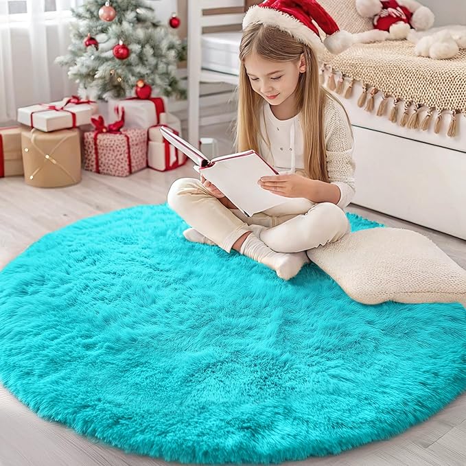 OLANLY Teal Blue Round Rugs for Bedroom - Machine Washable, 4 ft Circle Area Rugs for Living Room, Soft and Fluffy Shaggy Carpet for Teen Girls and Boys, Nursery Rooms, Dorms, Home Decor Aesthetic
