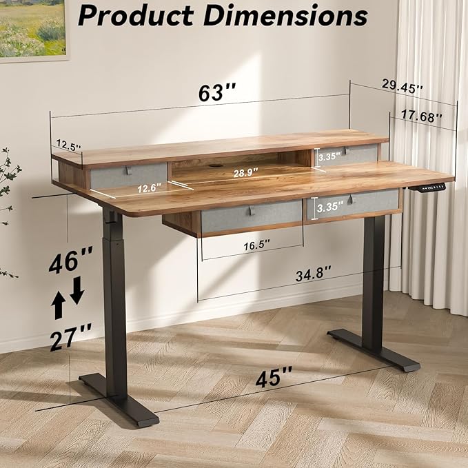 Adjustable Height Standing Desk with 4 Drawers,63 x 30 inches Electric Sit Stand Desk for Home Office,3 Memory Presets,Monitor Stand Riser,USB A/C Charging Port