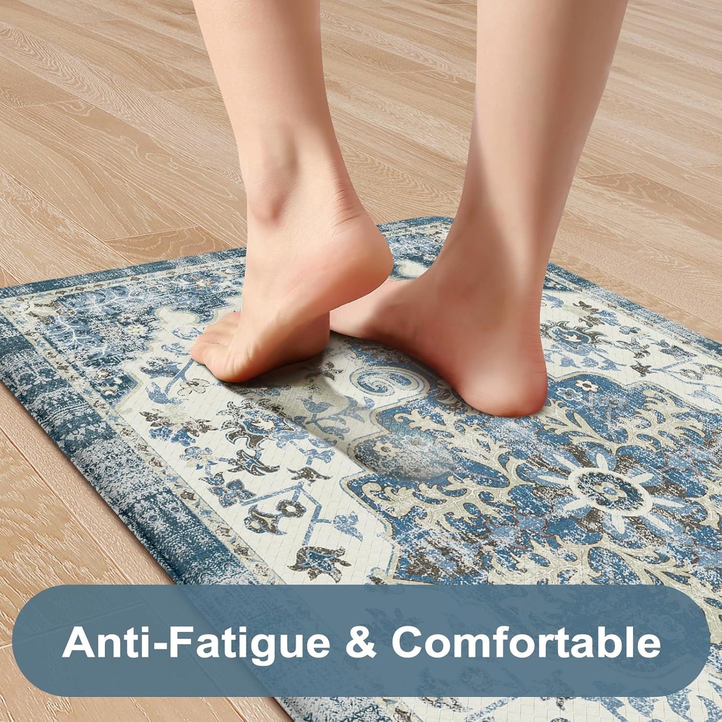 KIMODE Anti Fatigue Kitchen Mats, 17"x47"+17"x29" Boho Vintage Kitchen Rugs Sets of 2, Non Slip Kitchen Mats for Floor, Cushioned Kitchen Floor Mats for Sink Laundry Office Desk Blue Multi