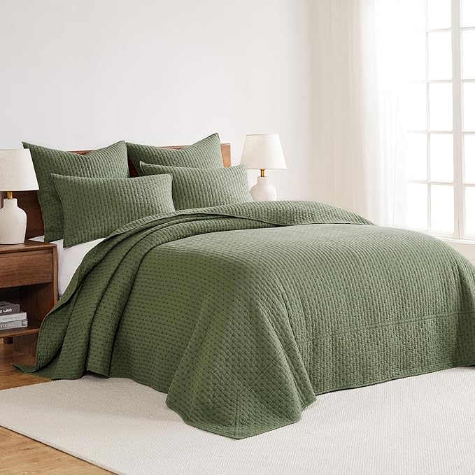 Levtex Home Cross Stitch Reversible Twin Bedspread Set (84x104in) with 1 Pillow Sham (26x20in) - Stitch Texture - Forest Green - Cotton Twin Size Bedspread Set - Lightweight, Soft, Pre-Washed