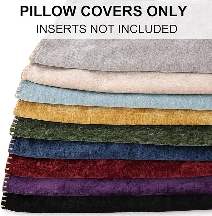 decorUhome Chenille Soft Throw Pillow Covers 22x22 Set of 2, Farmhouse Velvet Neutral Decorative Euro Pillow Covers with Stitched Edge for Couch Sofa Bed Home Decor, Beige