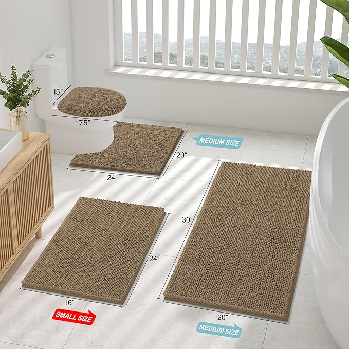 Smiry Luxury Chenille Bathroom Rugs 36x24, Extra Soft and Absorbent Shaggy Bath Mat, Machine Washable, Non-Slip Plush Carpet Runner for Tub, Shower, and Floor, Home Decor Accessories, Camel