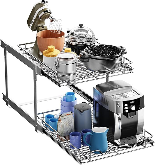 HOLDN’ STORAGE Two Tier Pull Out Cabinet Organizer, Individual Sliding Drawers - Heavy Duty Metal with Lifetime Limited Warranty - Anti Rust Chrome Finish - 17.5" W x 21”D x 16.5" H