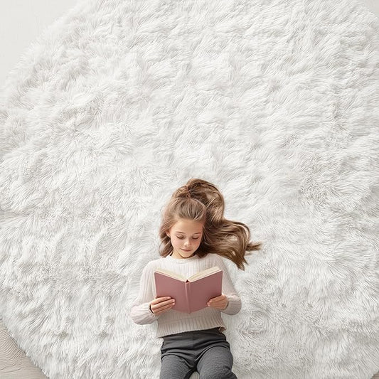 OLANLY Ivory Round Rugs for Bedroom - Machine Washable, 9 ft Circle Area Rugs for Living Room, Soft and Fluffy Shaggy Carpet for Teen Girls and Boys, Nursery Rooms, Dorms, Home Decor Aesthetic