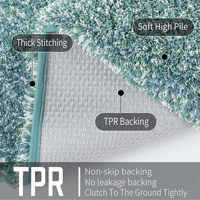 Yimobra Toilet Rugs U Shaped 24x20, Ultra Soft and Water Absorbent Bath Mats, Non Slip Fluffy Luxury Microfiber Contour Bath Rugs for Toilet, Dry Quick, Machine Washable, Teal and White