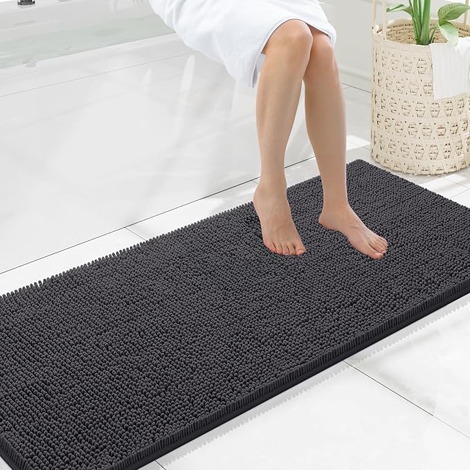 Smiry Luxury Chenille Bathroom Rugs 59x20, Extra Soft and Absorbent Shaggy Bath Mat, Machine Washable, Non-Slip Plush Carpet Runner for Tub, Shower, and Floor, Home Decor Accessories, Charcoal Grey