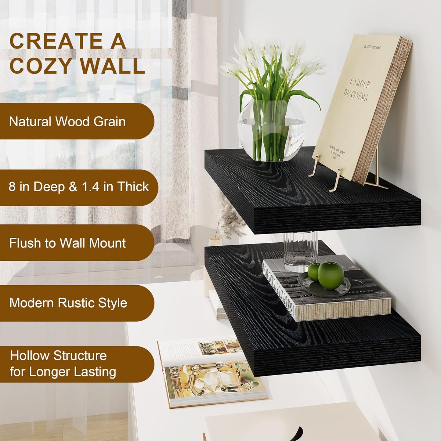 Fun Memories Black Floating Shelves 16 Inch Long, 8 Deep Floating Shelf Wall Mounted, 16 x 8 Inch Wooden Bathroom Shelves, Deep Storage Shelves for Living Room, Kitchen, Set of 2