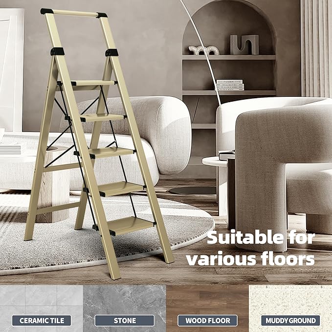 HillhutApex 5 Step Foldable Aluminum Step Ladder with Handgrip, Anti-Slip Pedal, 330 lbs Capacity, Lightweight & Portable for Home, Kitchen, Office, Garage (Gold)