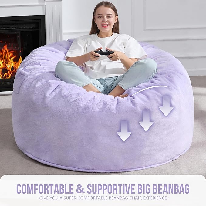 Hobestluk 5ft Bean Bag Chairs for Adults Large Beanbag Chair with Plush Faux Fur Cover Big Bean Bag Chair for Living Room Bedroom Dorm Office - Purple (50” x 50” x 24”)