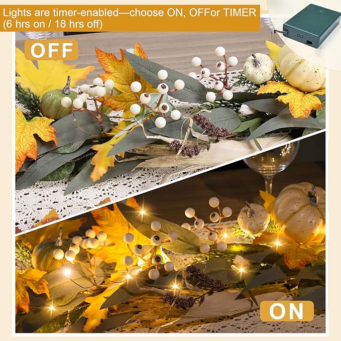 6 Ft Fall Garland for Mantle Fall Decorations for Home Porch Fall Maple Leaves Garlands with Lights/Timer Pumpkin Garland for Thanksgiving Outdoor Indoor Table Fireplace Wedding Hanging Autumn Decor