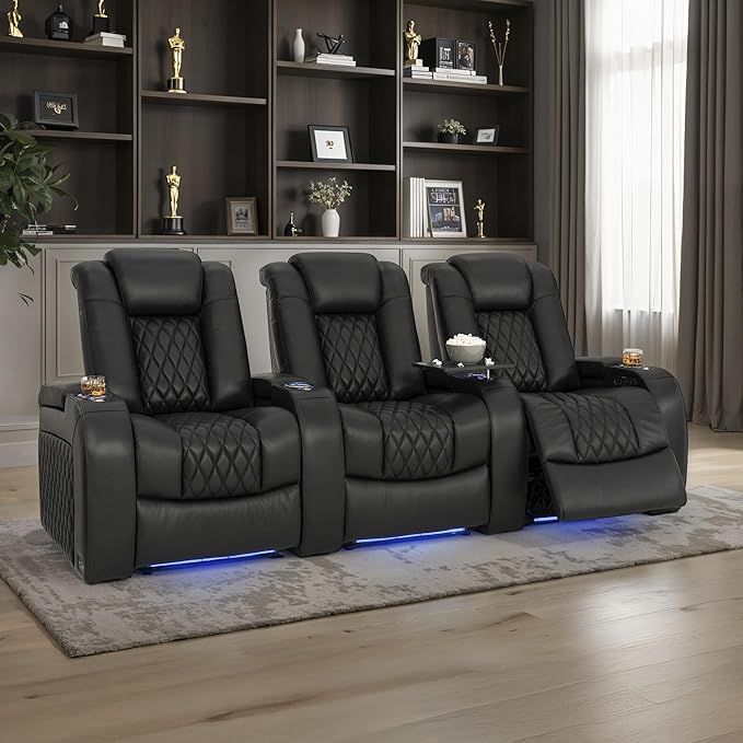 Seatcraft Diamante Zero-Gravity CoolZero Italian Leather Home Theater Seating, Power Headrest, Power Recline, Row of 3, Black