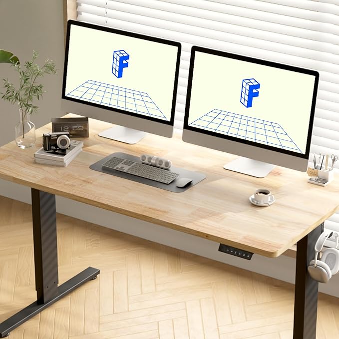 FLEXISPOT EN1 One-Piece Solid Wooden Standing Desk 48 x 24 Inches Height Adjustable Electric Sit Stand Home Office Desks (White Frame + Rubber Wood Top, 2 Packages)