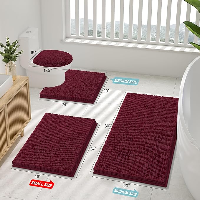 Smiry Luxury Chenille Bathroom Rugs 34x21, Extra Soft and Absorbent Shaggy Bath Mat, Machine Washable, Non-Slip Plush Carpet Runner for Tub, Shower, and Floor, Home Decor Accessories, Burgundy