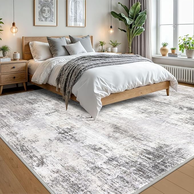 IOHOUZE Abstract Area Rugs 9x12 Ft Washable Large Rugs for Living Room, Non Slip Dining Room Rug, Printed Faux Wool Rugs for Bedroom, Floor Carpet for Office Nursery Playroom, Grey Beige