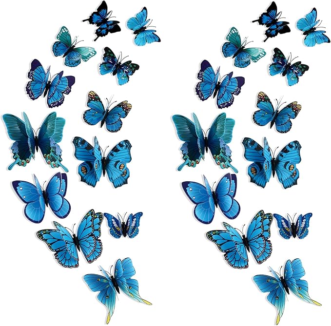 24PCS Butterfly Wall Decals Removable 3D Butterflies Decor for Wall Sticker Mural Stickers Home Decoration Kids Room Bedroom Decor (Double Layer-Blue/24PCS)