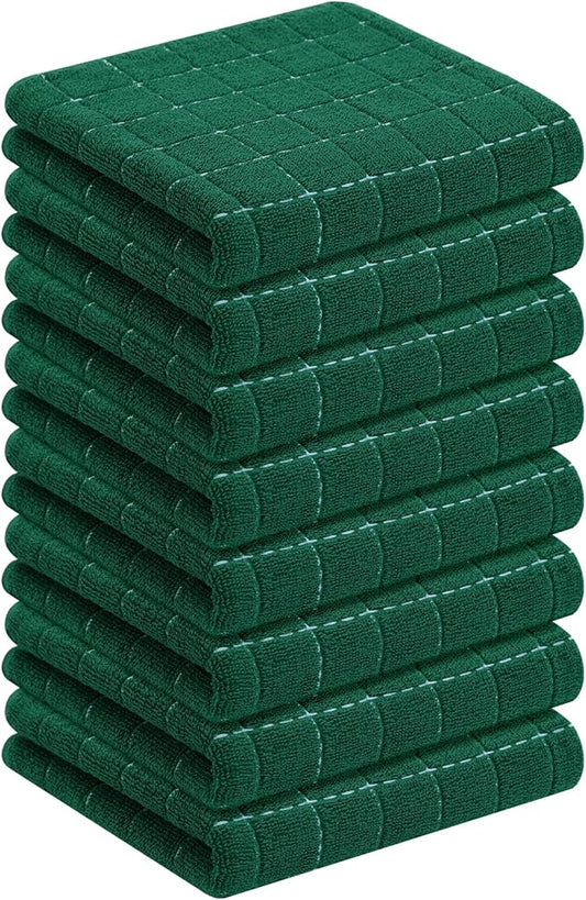 Homaxy 100% Cotton Terry Kitchen Towels(Dark Green, 13 x 28 inches), Checkered Designed, Soft and Super Absorbent Dish Towels, 8 Pack