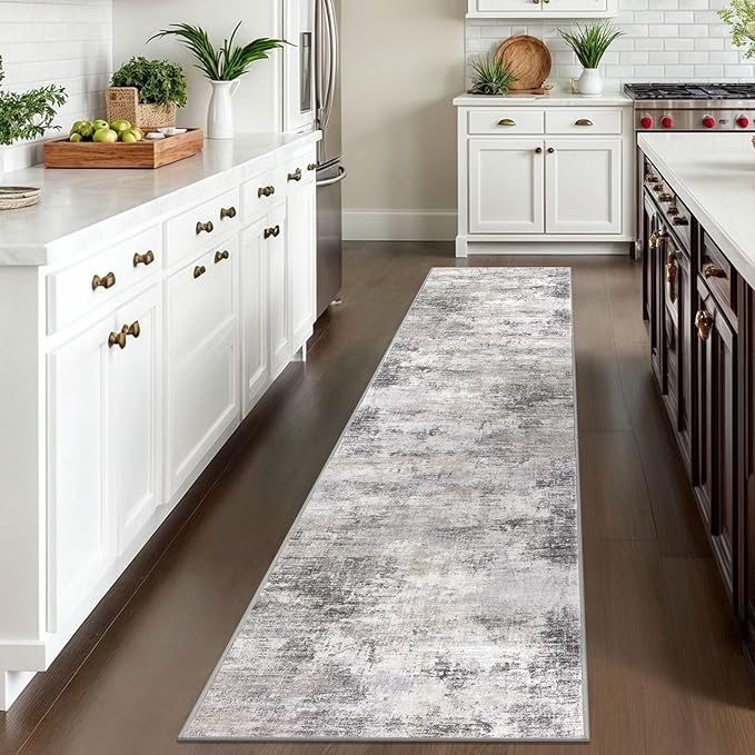 IOHOUZE Abstract Runner Rug 2x10 Ft Washable Runners for Hallways, Non Slip Kitchen Runner Printed Faux Wool Entryway Runner Indoor, Modern Abstract Floor Carpet for Hall Kitchen, Grey Beige