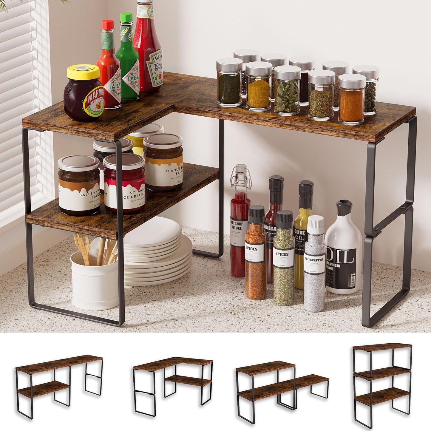 Large Countertop Organizer Corner Shelf, 2 Tier Adjustable Stackable Corner Shelves for Kitchen, Bathroom, Spice Rack, Coffee Area, Over Sink, Dresser Table, Corner Counter Shelf Stand, Rustic Brown