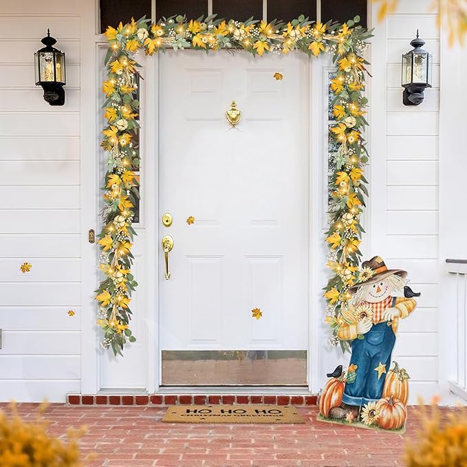 6 Ft Fall Garland for Mantle Fall Decorations for Home Porch Fall Maple Leaves Garlands with Lights/Timer Pumpkin Garland for Thanksgiving Outdoor Indoor Table Fireplace Wedding Hanging Autumn Decor