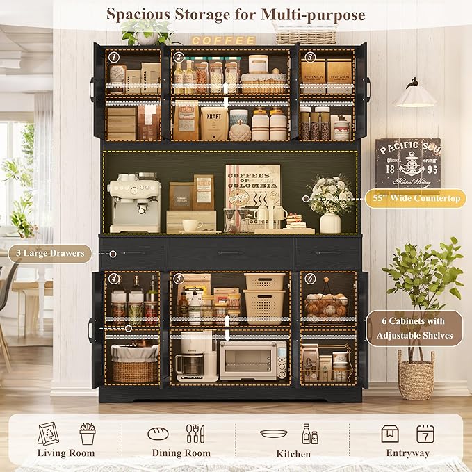 HOSTACK 71" Tall Kitchen Pantry Storage Cabinet with Charging Station, 55" Wide Kitchen Hutch Cabinet with Large Countertop, Farmhouse Food Pantry with Drawers for Living Room, Black Wood Grain